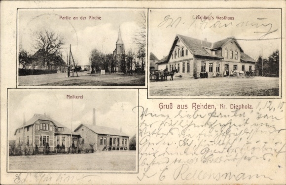 Ak Rehden in Nedersaksen, kerk, zuivelfabriek, herberg Kahlings