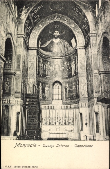 Ak Monreale Sicilia, Kircheninneres, Wandmalerei, Christuskönig, s Gebäude
