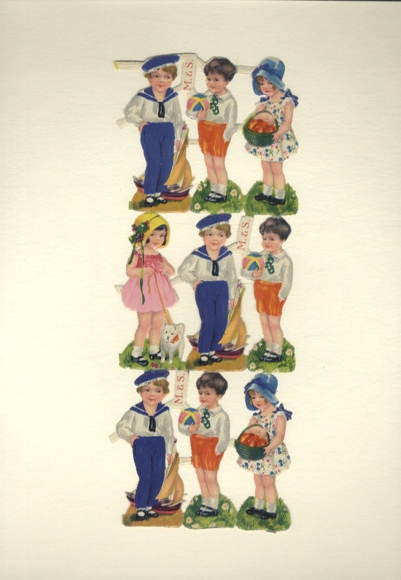 Oblate block of 9, M & S, boys in sailor suits, girls in dresses, toys, approx. 24 x 9 cm