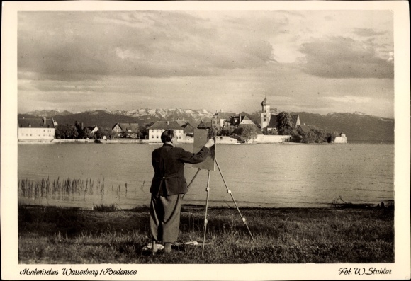 Ak Wasserburg am Bodensee Schwaben, Blick auf den Ort. Maler