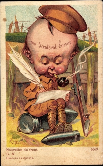 Artist Postcard Right, Nouvelles du front, ma sante est bonne, British soldier with a pipe