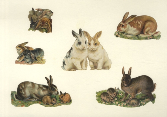 6 Oblaten Hasen, Hasenkinder, ca. 7 x 9,5 cm bis 4 x 5,5 cm