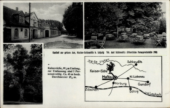 Ak Schkeuditz in Sachsen, Gasthof zur grünen Ave, Kaiser-Eiche,  Maßlau, Horburg, Karte