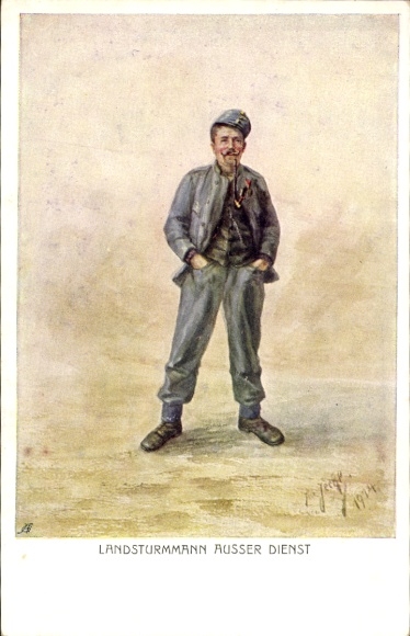 Artist Postcard Landsturmmann off duty, kuk soldier with pipe, 1914
