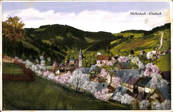 KP Mellenbach Glasbach w Schwarzatal, panorama wiosną, kwitnące drzewa