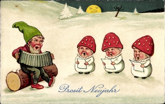 Happy New Year, dwarf with accordion, singing mushrooms