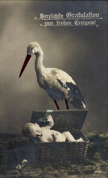 Postcard Congratulations on the happy event, Stroch, baby doll