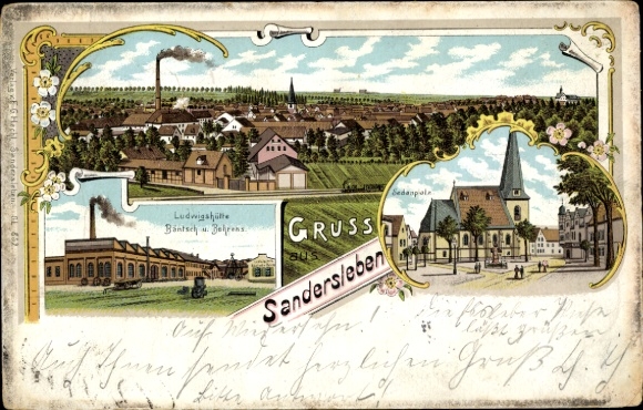litho Sandersleben in Anhalt, totaaloverzicht, Ludwigshütte Bäntsch u. Behrens, Sedanplatz