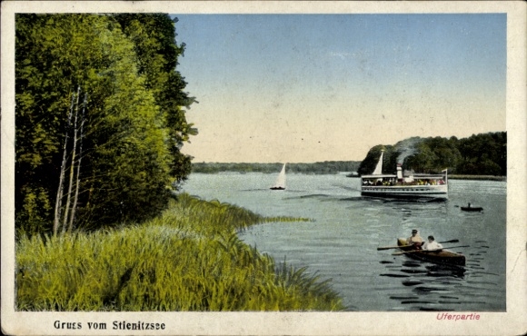 Ak Hennickendorf Rüdersdorf bei Berlin, Stienitzsee, Uferpartie, Schiff