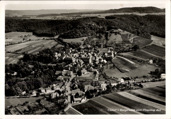 Postcard Castell Lower Franconia, aerial view of Steigerwald, houses, landscape