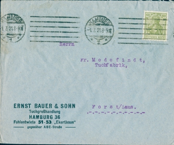 Briefumschlag Tuchgroßhandlung Ernst Bauer & Sohn, Fuhlentwiete 51-53, Ekerthaus, Hamburg 36