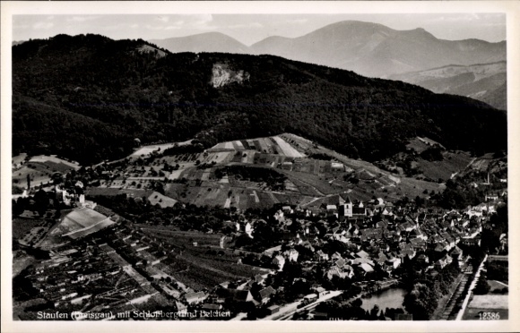 Postcard Staufen im Breisgau, Schlossberg, Belchen, aerial photograph