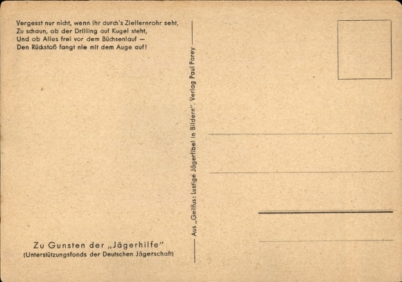 Artist Postcard Geilfus, H., Rifle Scope Dangers, A Blue Flower Blooms, Funny Hunter's Primer