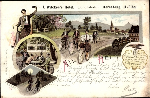 Chromo-Litho Horneburg in the old country, hotel, cyclist, all salvation