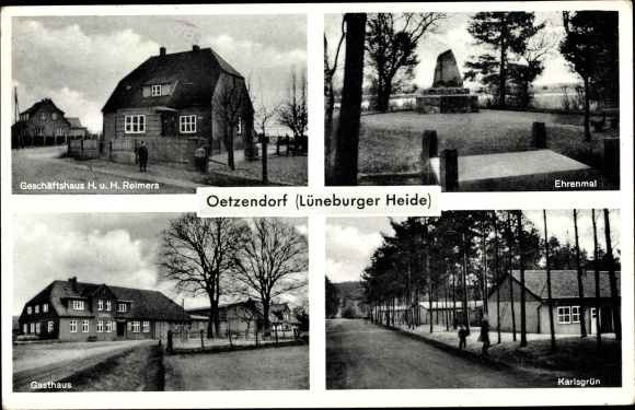 Postcard Oetzendorf Vest in the Lüneburg Heath, Reimers commercial building, inn, memorial, Karlsgrün