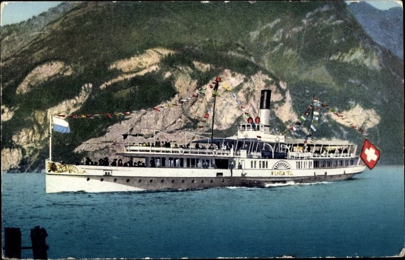 Postcard saloon steamer Wilhelm Tell on Lake Lucerne