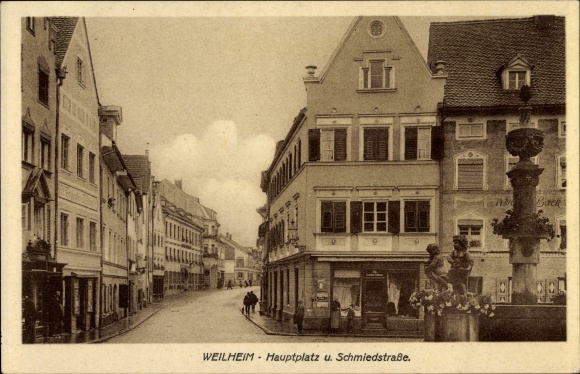 Postcard Weilheim Oberbayern, Hauptplatz and Schmiedstrasse