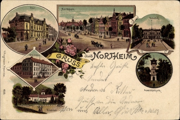 Moonlight Chromo-Litho Northeim in Lower Saxony, post office, marketplace, train station, observation tower, Hotel Sonne