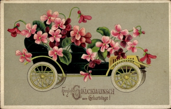 Embossed Postcard Congratulations Birthday, Flowers, Car
