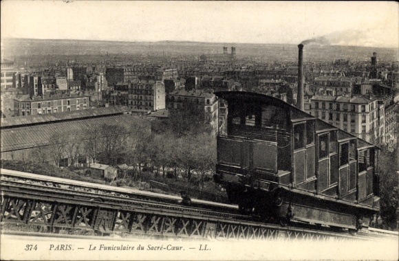 Ak Paris XVIII Montmartre, kabelbaan du Sacré-Cœur, uitzicht op de stad, trein op rails