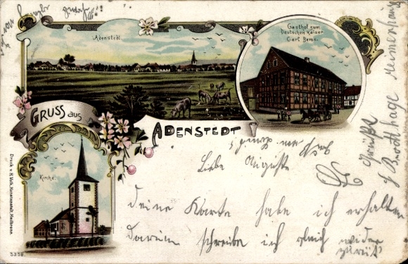Chromo-Litho Adenstedt Sibbesse in Lower Saxony, general view, church, inn to the German Emperor