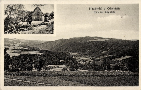Postcard Neudörfel Glashütte in the Eastern Ore Mountains, picture of a house, landscape photo, view into the Müglit