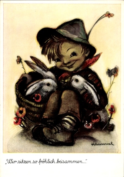 Artist PC Hummel, Berta, We sit together so happily, boy, rabbit, No. 4950
