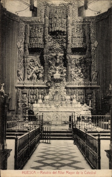 Ak Huesca Aragón, Retablo del Altar Mayor, Kathedrale, religiöse Kunst, Holzschnitzereien