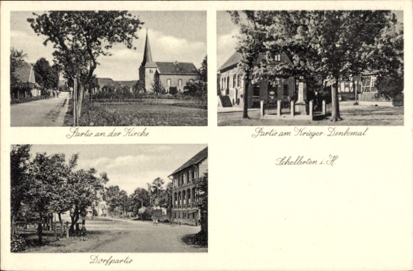 Postcard Schellerten in Lower Saxony, church, war memorial, village street