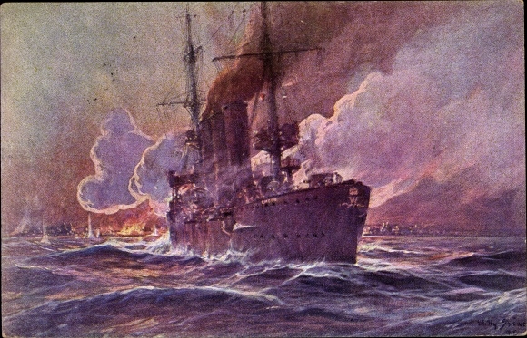 Artist PC Stöwer, Willy, SMS Emden fires at Madras, cruiser, Imperial Navy, I. WW