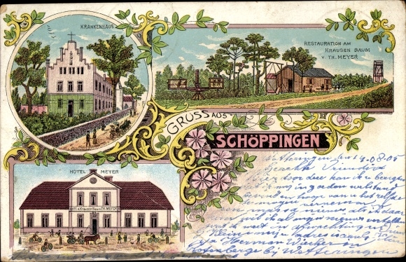 Litho Schöppingen im Münsterland in Nordrhein Westfalen, Krankenhaus, Hotel Meyer, Restaurant Meyer