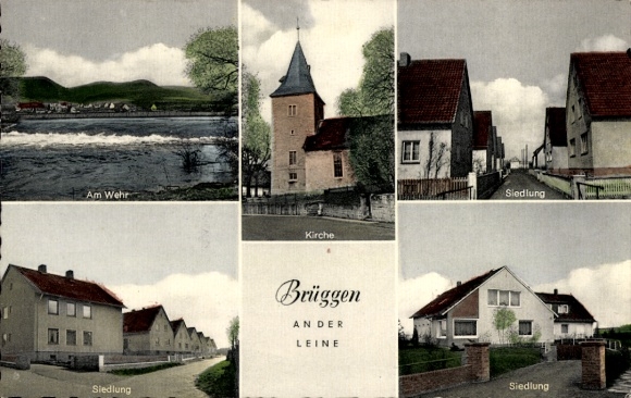 Postcard Brüggen Gronau an der Leine, weir, church, settlement