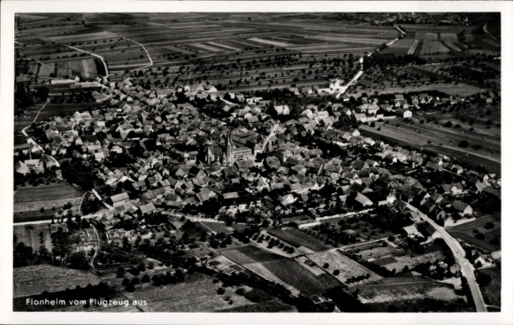 Postcard Flonheim in Rheinhessen, aerial view of wide fields, houses