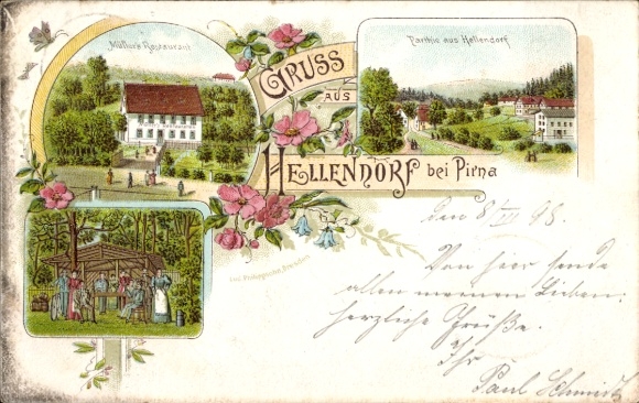 litho Hellendorf bij Pirna Bad Gottleuba in Saksen, Müller's Restaurant, prieel, lokaal feest