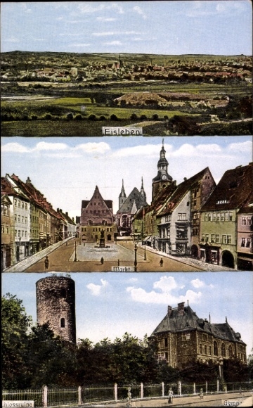 Postcard Lutherstadt Eisleben, market, castle ruins, city view