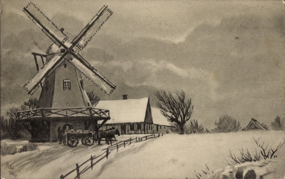 Postcard Windmill, Winter, Snow, Wagon