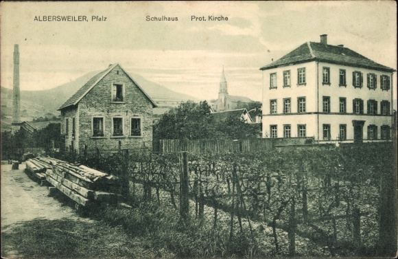 Postcard Albersweiler in the Palatinate, school building and Protestant church