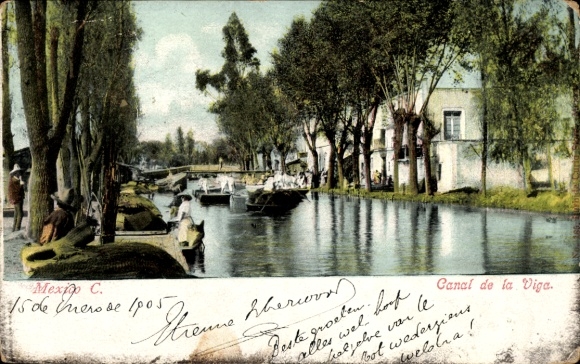 Ak Xochimilco Ciudad de Mexico Mexiko Stadt,  Canal de la Viga, Wasserstraße, Boote, Bäume, 15. J