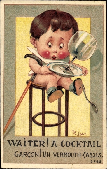 Artist Postcard Right, Waiter, a Cocktail, Boy with Drinking Glass, Bar Stool