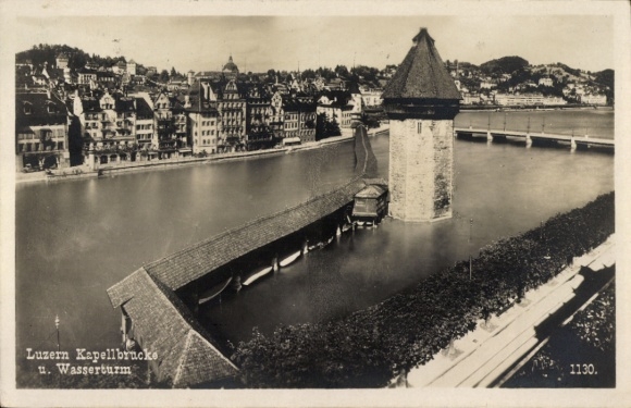 Postcard Luzern City Switzerland, Chapel Bridge, Water Tower