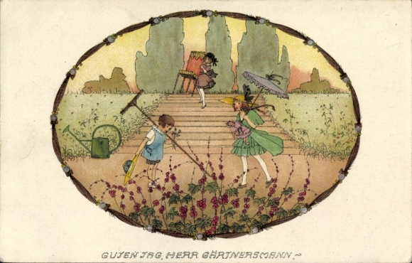 Artist Postcard Köhler, Mela, Good day, Mr. Gardener, Garden, Flowers, Rake