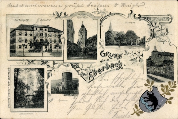 Postcard Eberbach in Baden Württemberg, Hotel Leininger Hof, Pulverturm, Kaspelturm, Rosenturm