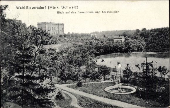 Ak Waldsieversdorf Märkische Schweiz, uitzicht op het sanatorium en de karpervijver