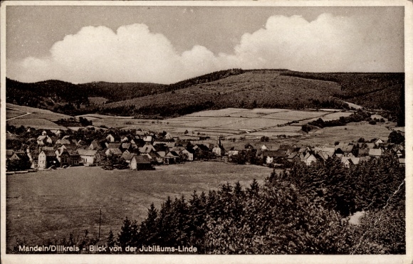 Postcard Mandeln Dietzhölztal in Hesse, general view, anniversary linden tree