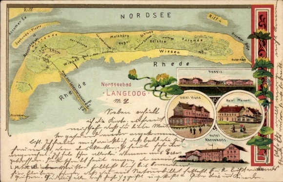 Chromo-Litho maps of the North Sea resort of Langeoog, East Frisia, Hospice, Hotel Hüne, Hotel Meinen, Ahrenholtz