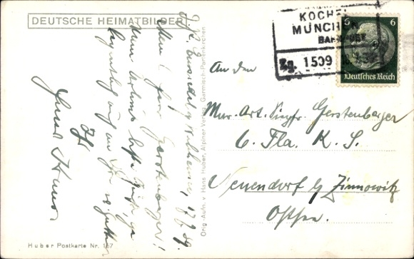 Postcard railway postmark Kochel-Munich train 1509