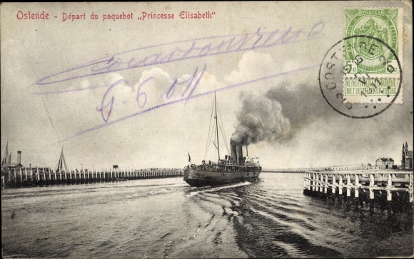Postcard Oostende Ostend West Flanders, Depart du paquebot Princesse Elisabeth