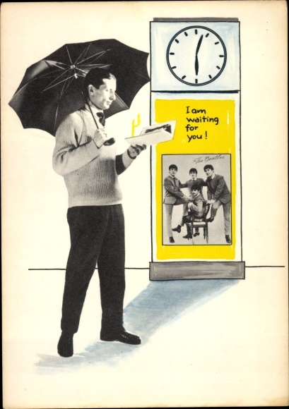 Postcard music group The Beatles, poster, man with umbrella