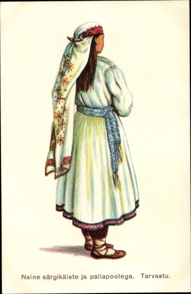 Artist Postcard Woman with shirt sleeves and pallapole, Tarvastu, Estländische Volkstracht