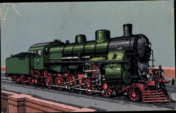 Artist Postcard 1 E four-cylinder superheated steam passenger locomotive, Bulgarian State Railways, Hanomag